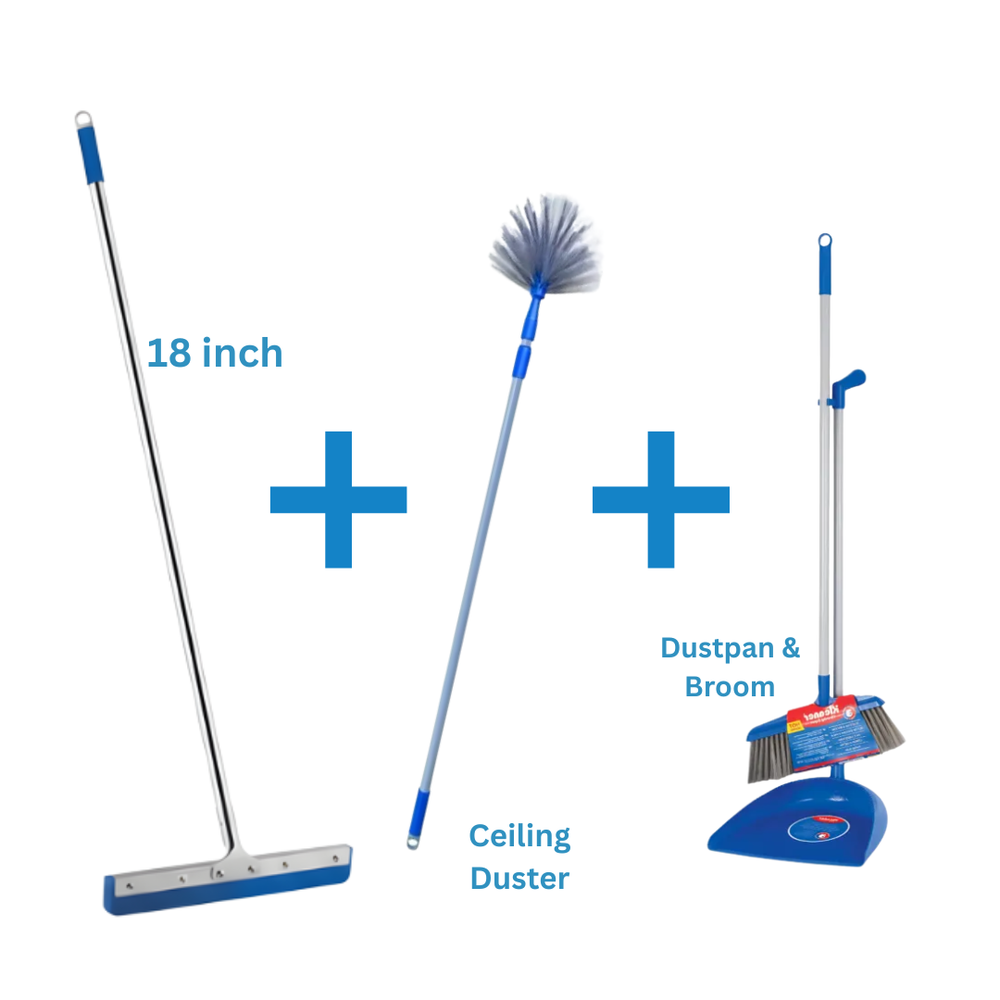 Stainless Seel Squeegee 18 inch + Ceiling Duster + Dustpan & Broom Combo